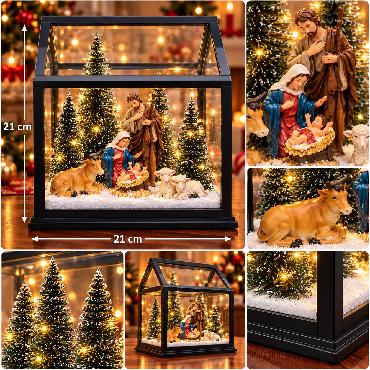 Decorațiune Premium de Crăciun „Sfânta Familie”, Casetă Luminoasă cu Brazi și Scenă Nașterea Domnului – 21 × 21 cm - imagine principala
