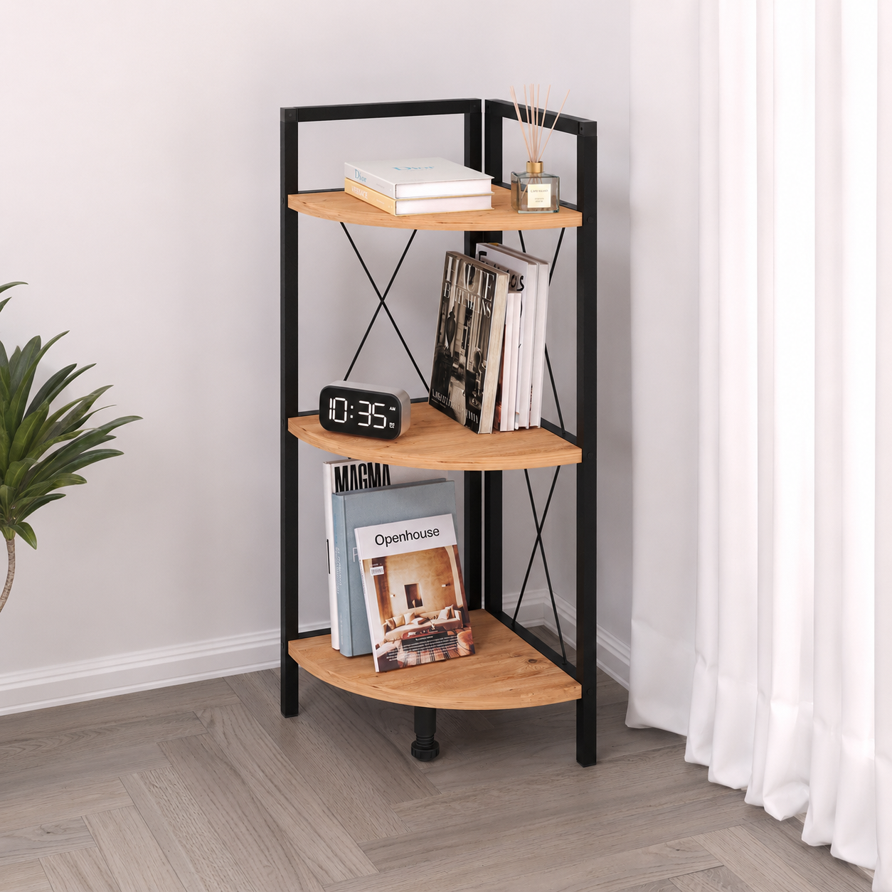 Etajera de colt din PAL si metal 33,5x33,5x87,3 cm, cu 3 rafturi, pentru living, baie sau birou