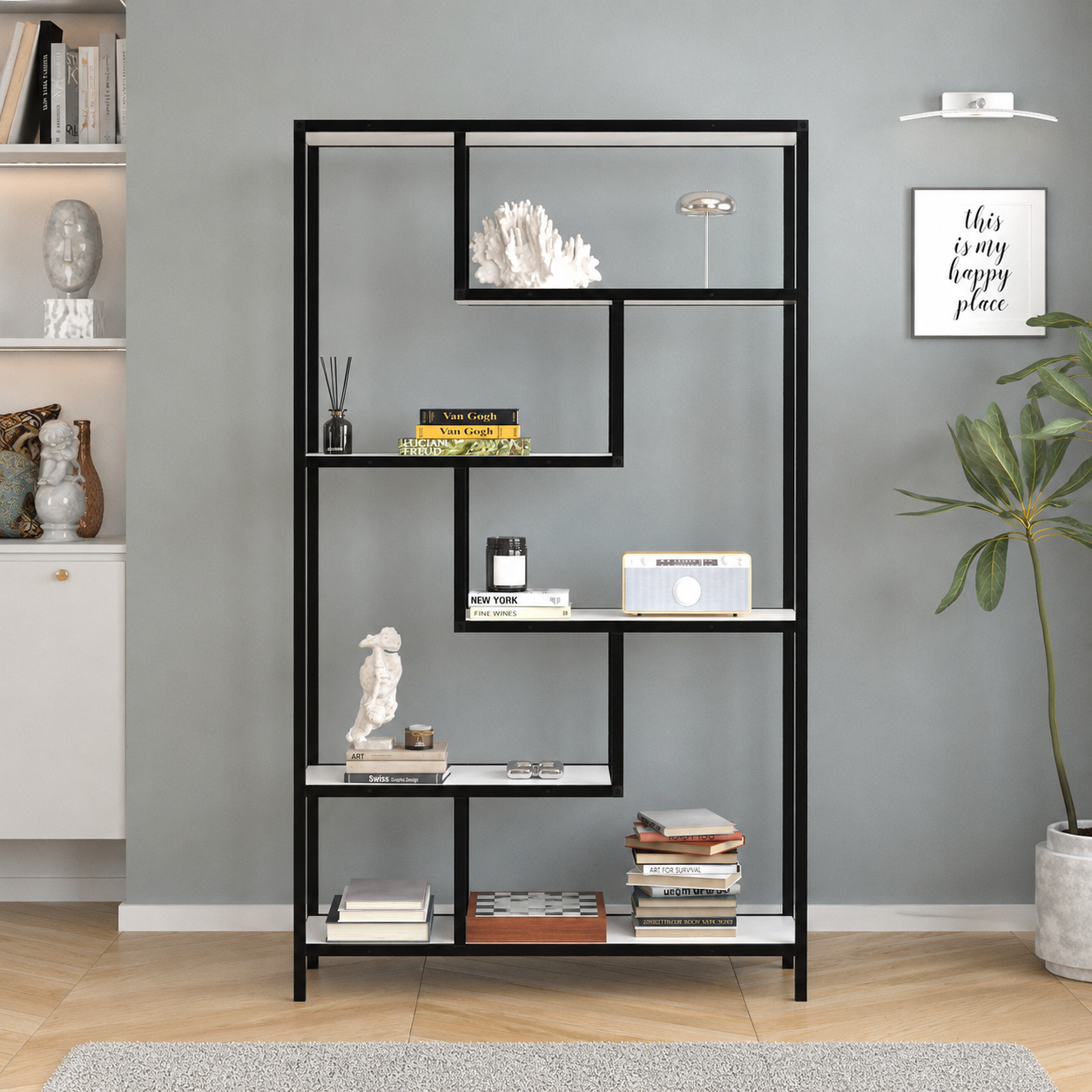 Biblioteca Moderna cu 6 Rafturi pentru Living si Birou, Cadru Metalic, PAL 18 mm, 88 x 30 x 160 cm