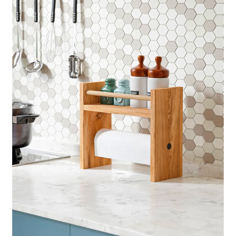 Raft lemn bucatarie 2 in 1 cu suport prosop hartie, organizator condimente, 30x13.5x29 cm