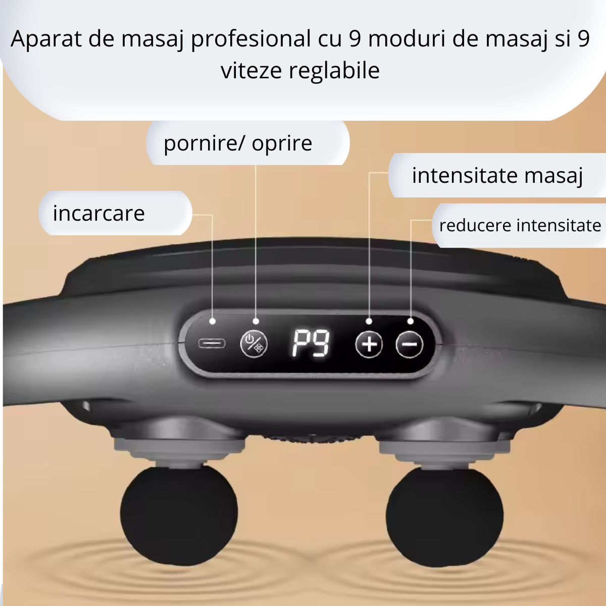 Aparat pentru masaj, Dispozitiv profesional cu 4 capete, 9 viteze reglabile, 19 000 percutii / min, temporizator inteligent, baterie 2000mAh reincarcabila