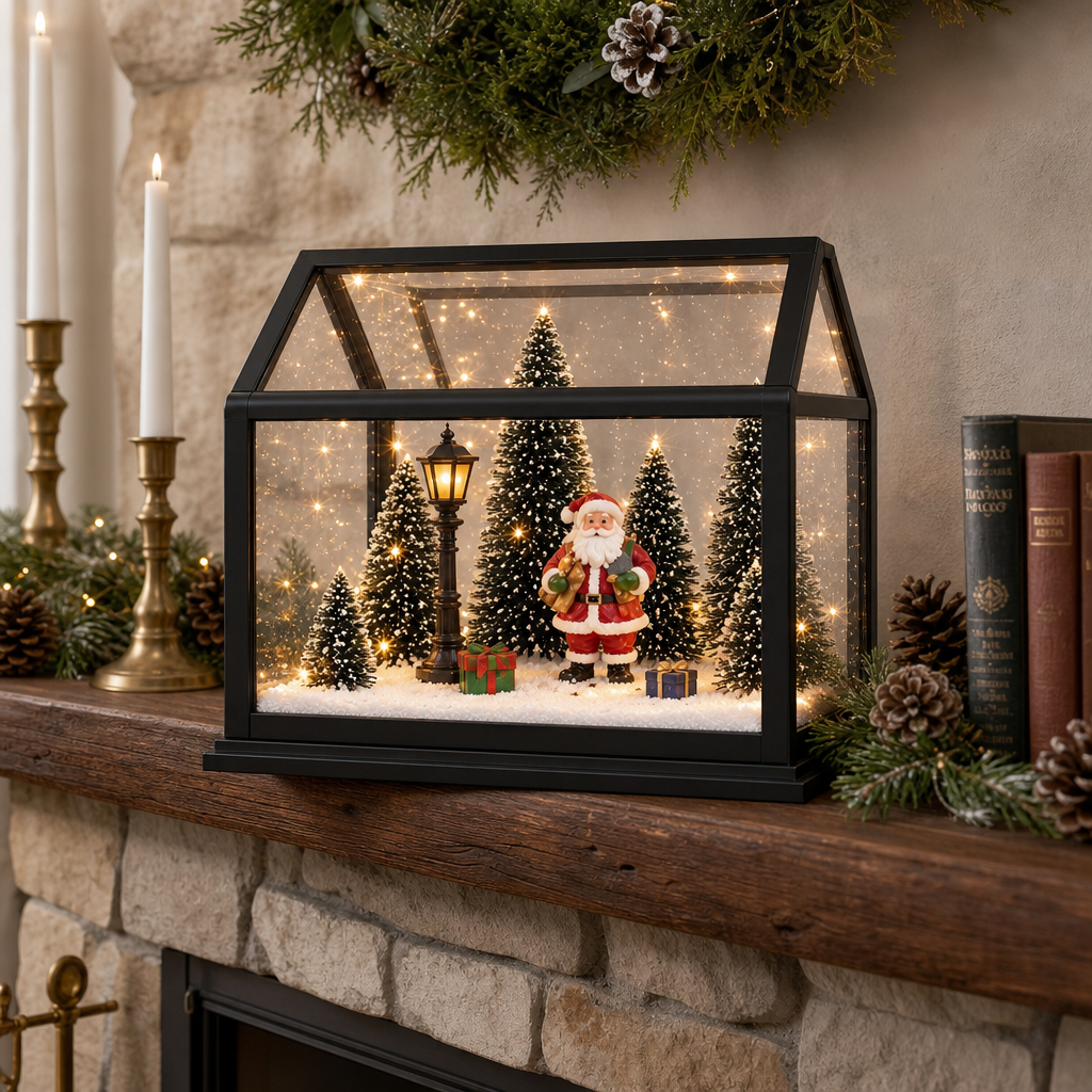Casă Decorativă Premium de Crăciun cu Moș Crăciun, Lumină LED, Muzică și Alimentare USB/Baterii – 23 × 20 × 12 cm - detaliu produs