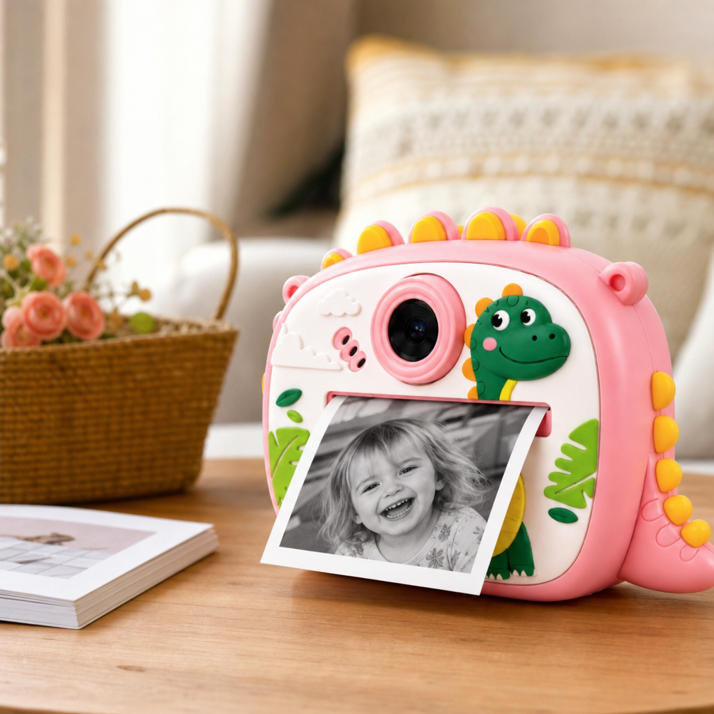Aparat Foto Instant pentru Copii Model Dinozaur Roz cu Imprimare Foto - detaliu produs