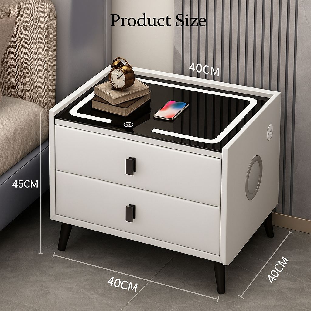 Noptiera Smart Multifunctionala, iluminare LED tactil cu 3 culori, incarcare wireless si USB, difuzor Bluetooth, 2 sertare