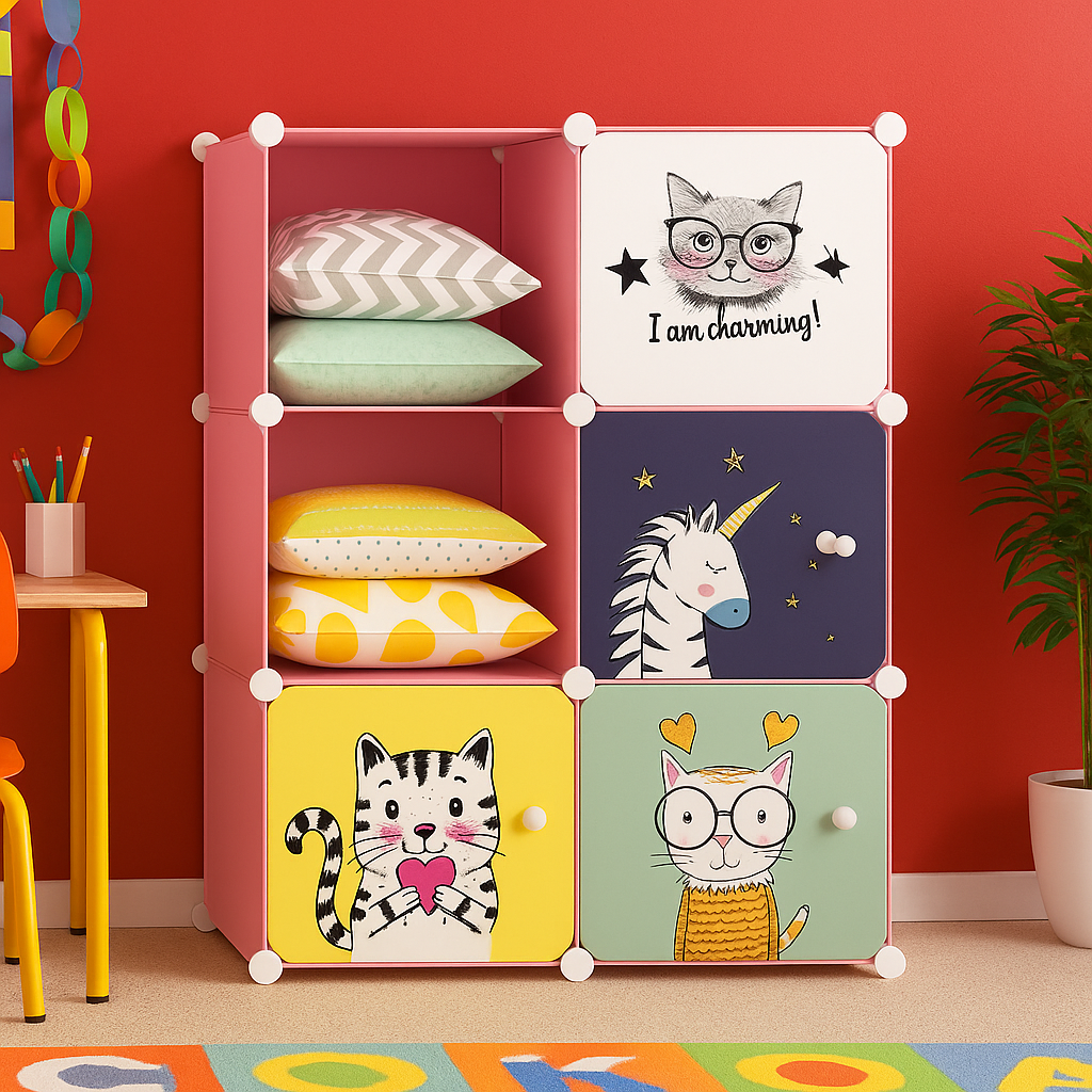 Dulap modular pentru copii, Alb/Albastru, 6 rafturi, durabil, 110cm x 74cm x 37cm