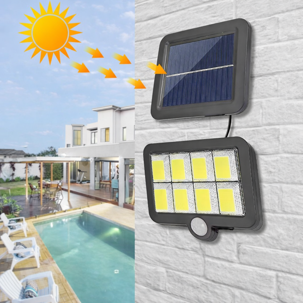 Lampa solara LED cu telecomanda, ajustabila, 8 COB LED, senzor miscare si lumina, baterie 2400 mAh, cablu 5 m, rezistenta la apa, negru