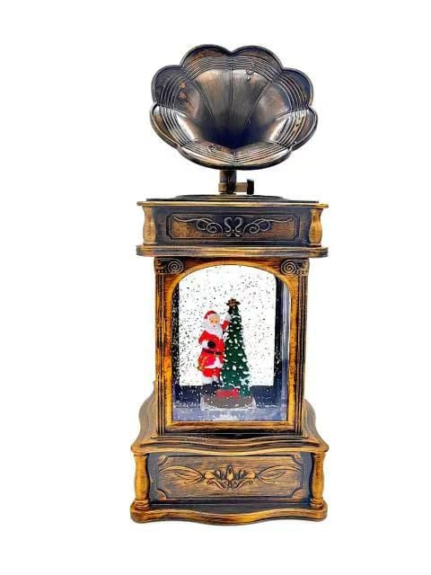 Ornament de Craciun tip gramofon, glob de cristal cu Mos Craciun si bradut, cu ventilator de zapada, muzical, din metal, Maro