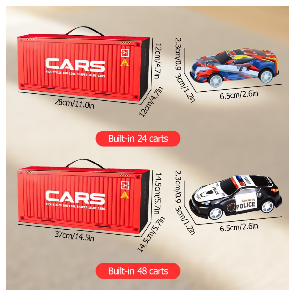 Set 48 Jucarii Masinute Tractiune Retractabila - Aliaj, Cutie Container, 4 Nivele Garaj, Rezistente Caderi Socuri, 3-8 Ani, Modele Culori Variate