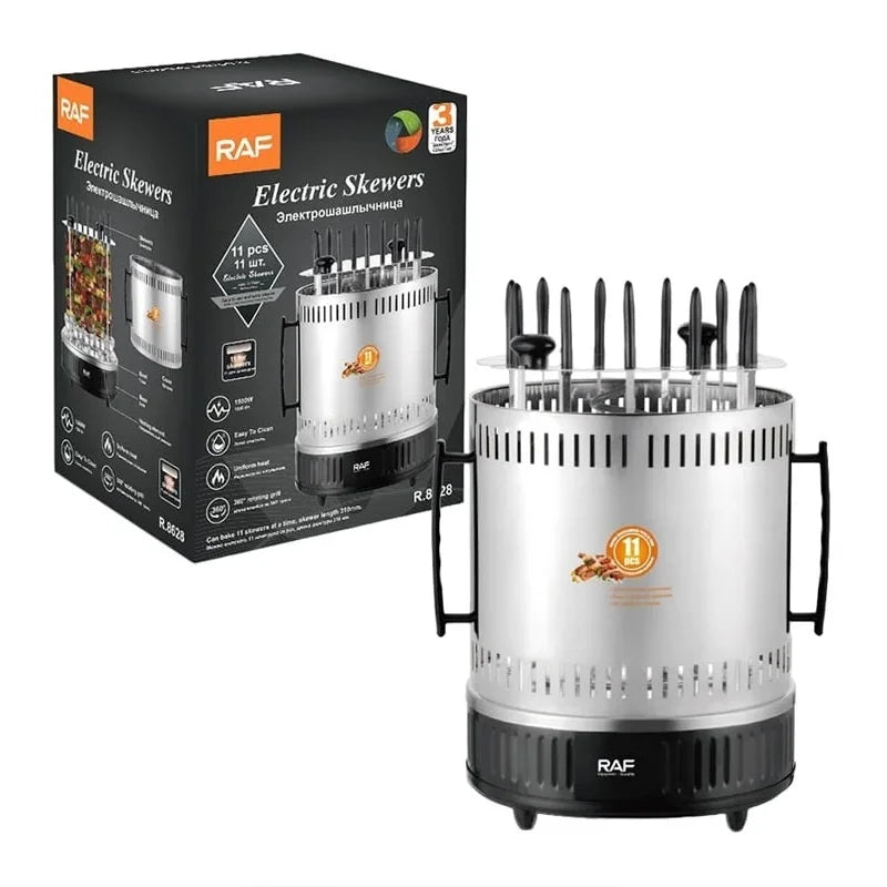 Gratar si rotisor electric multifunctional, RAF R8628, 1500 W, pentru 11 frigarui, din otel, negru-argintiu