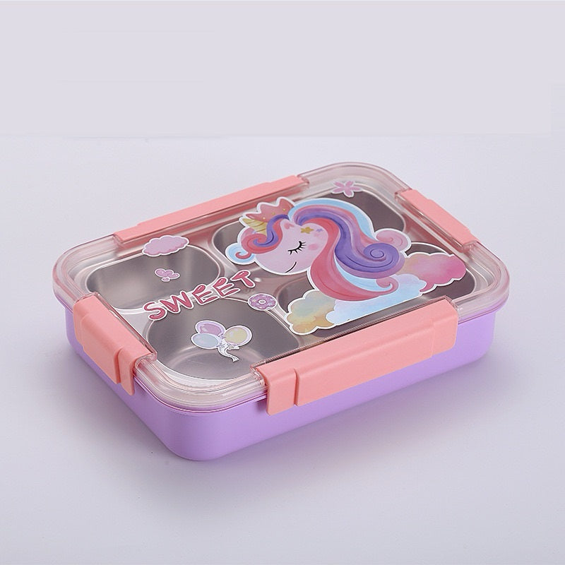 Caserola termica 4 compartimente din inox pentru copii cu lingurita, 900 ml, 16.8 X 22.6 X 6.5cm