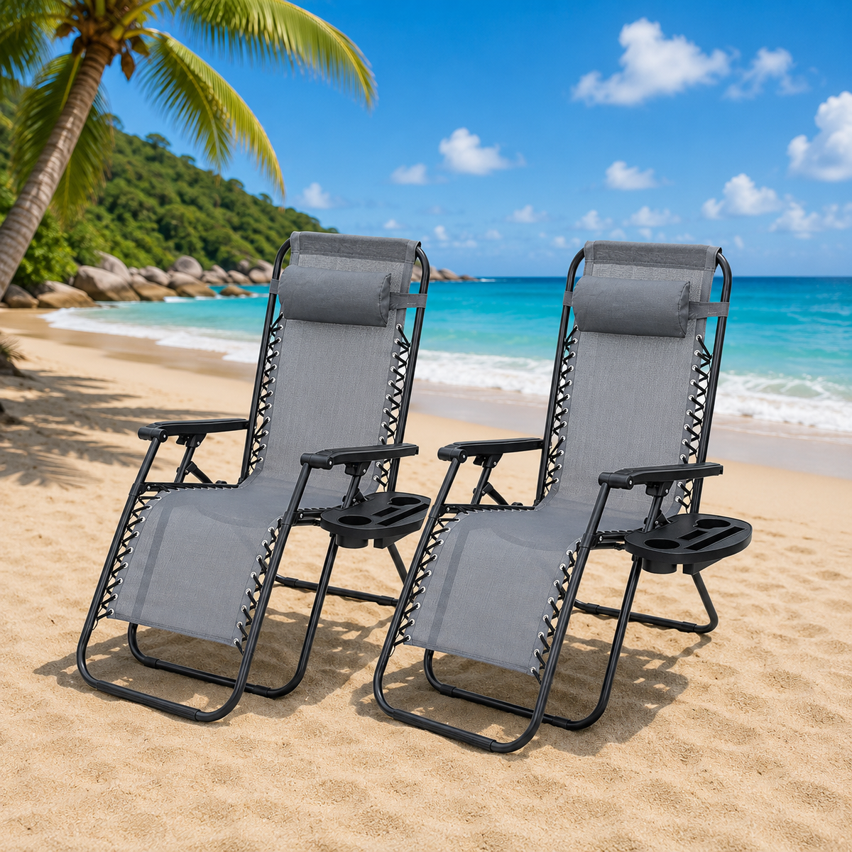 Set 2 sezlonguri Rabatabile Zero Gravity cu Suport pentru Pahar – Relaxare Totală Oriunde