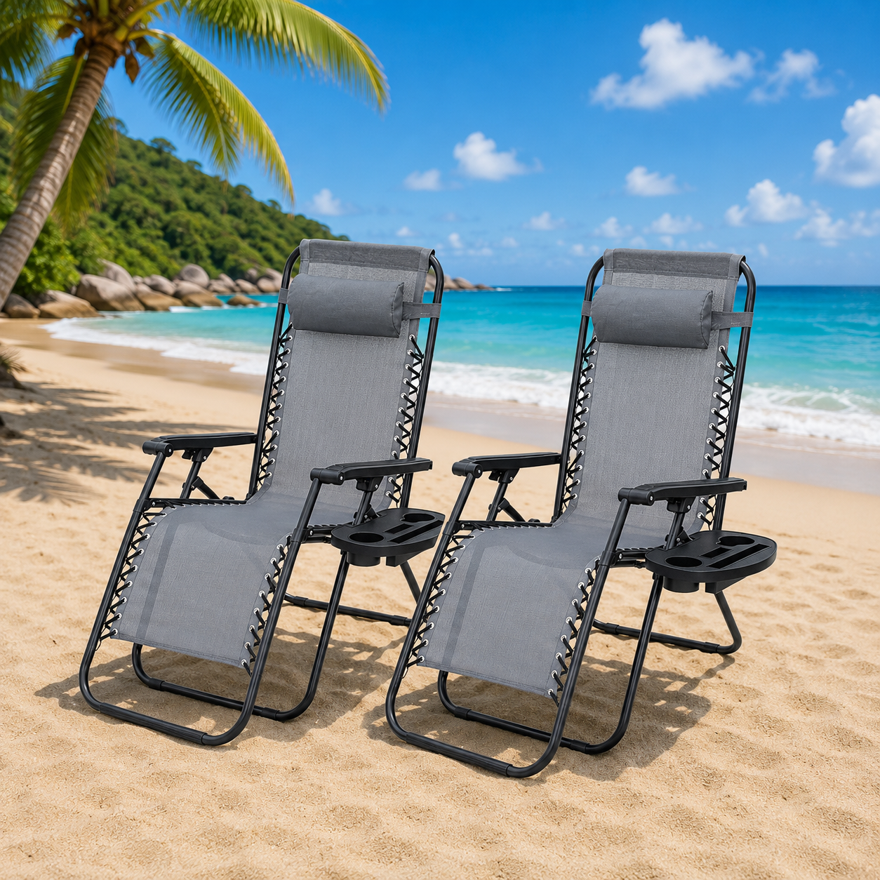 Set 2 sezlonguri Rabatabile Zero Gravity cu Suport pentru Pahar – Relaxare Totală Oriunde