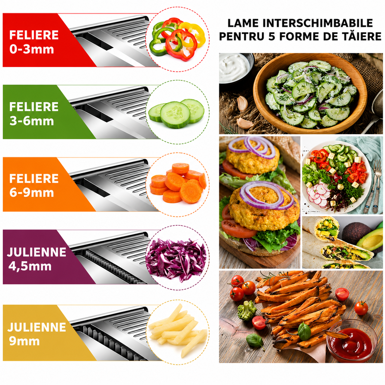 Razatoare Multifunctionala metalica tip mandolina, pentru Legume si Fructe, 5 Taieturi Diferite de la 3 mm la 9 mm Grosime, Lame Detasabile Inox