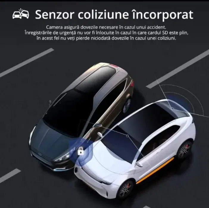 Camera auto dubla, Full HD, Rezolutie 1080p, Unghi filmare 170° in fata si 120° in spate, Ecran LCD 4 inch cu Touchscreen, Senzor G, filmare in bucla