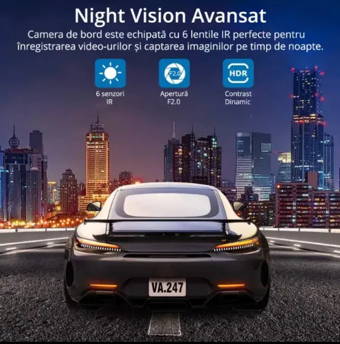 Camera auto dubla, Full HD, Rezolutie 1080p, Unghi filmare 170° in fata si 120° in spate, Ecran LCD 4 inch cu Touchscreen, Senzor G, filmare in bucla