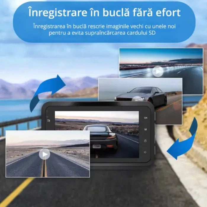 Camera auto dubla, Full HD, Rezolutie 1080p, Unghi filmare 170° in fata si 120° in spate, Ecran LCD 4 inch cu Touchscreen, Senzor G, filmare in bucla