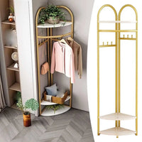 Cuier de colt, Metalic Auriu, cu Blaturi din MDF, 3 Rafturi, 6 Carlige, Inaltime 170 cm - imagine 2