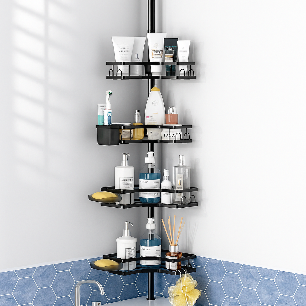 Etajeră metalică colț baie cu 4 rafturi – organizator extensibil vertical, fără găurire, 110-305 cm