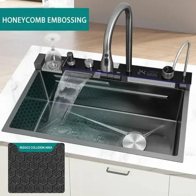 Chiuveta multifunctionala cu 2 cascade cu accesorii incluse, afisaj digital a temperaturii si robinet cascada, culoare negru grafit