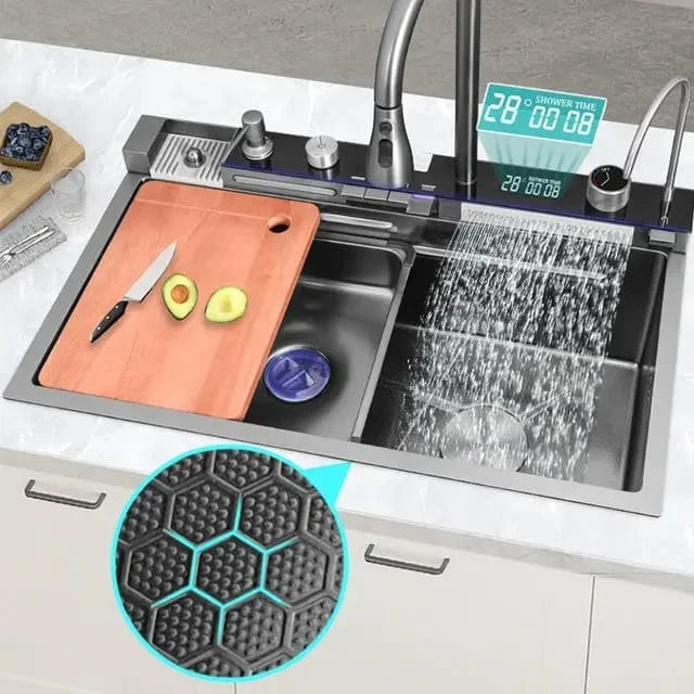 Chiuveta multifunctionala cu 2 cascade cu accesorii incluse, afisaj digital a temperaturii si robinet cascada, culoare negru grafit