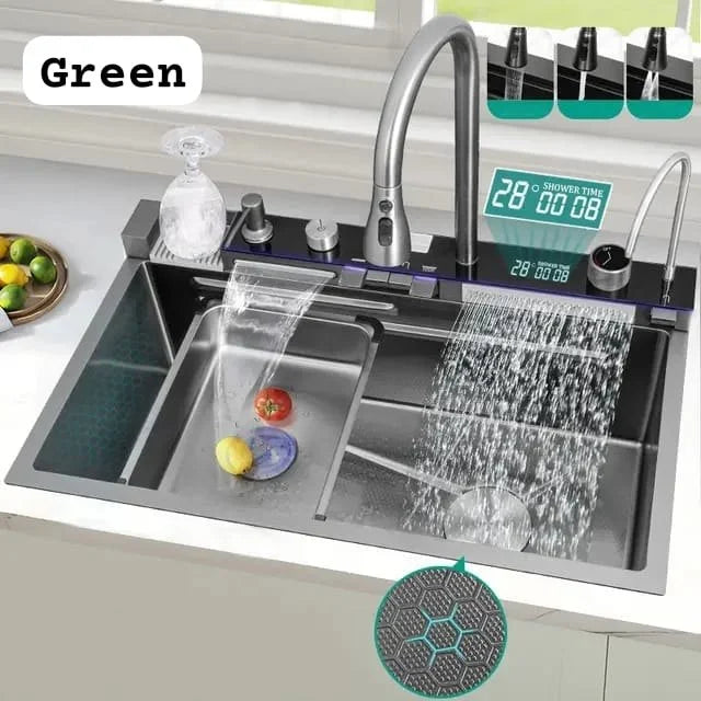 Chiuveta Bucatarie Multifunctionala Negru Grafit cu 2 Cascade, Robinet Cascada, Afisaj Digital Temperatura, Accesorii Incluse