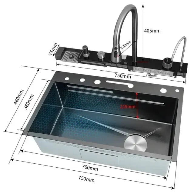 Chiuveta multifunctionala cu 2 cascade cu accesorii incluse, afisaj digital a temperaturii si robinet cascada, culoare negru grafit
