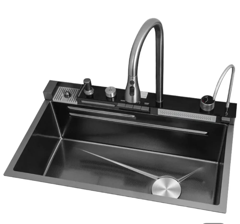 Chiuveta multifunctionala cu 2 cascade cu accesorii incluse, afisaj digital a temperaturii si robinet cascada, culoare negru grafit