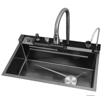 Chiuveta Bucatarie Multifunctionala Negru Grafit cu 2 Cascade, Robinet Cascada, Afisaj Digital Temperatura, Accesorii Incluse