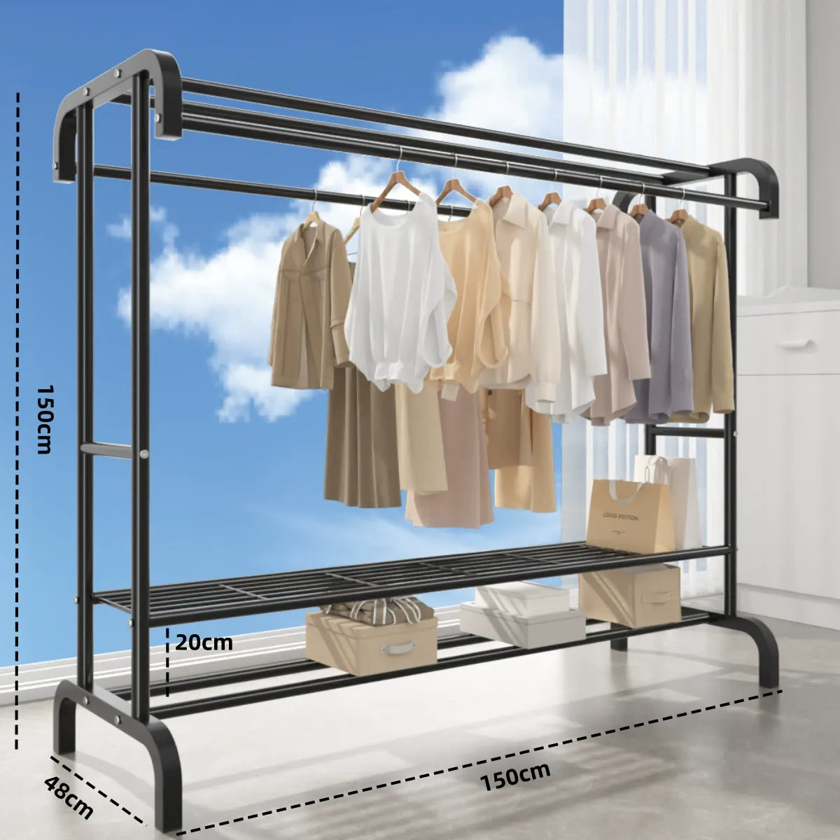 Suport dublu de umerase pentru haine, cu 2 suporti de pantofi, din metal, cu raft depozitare deasupra – 70KG greutate maxima, 150 x 110 x 50cm