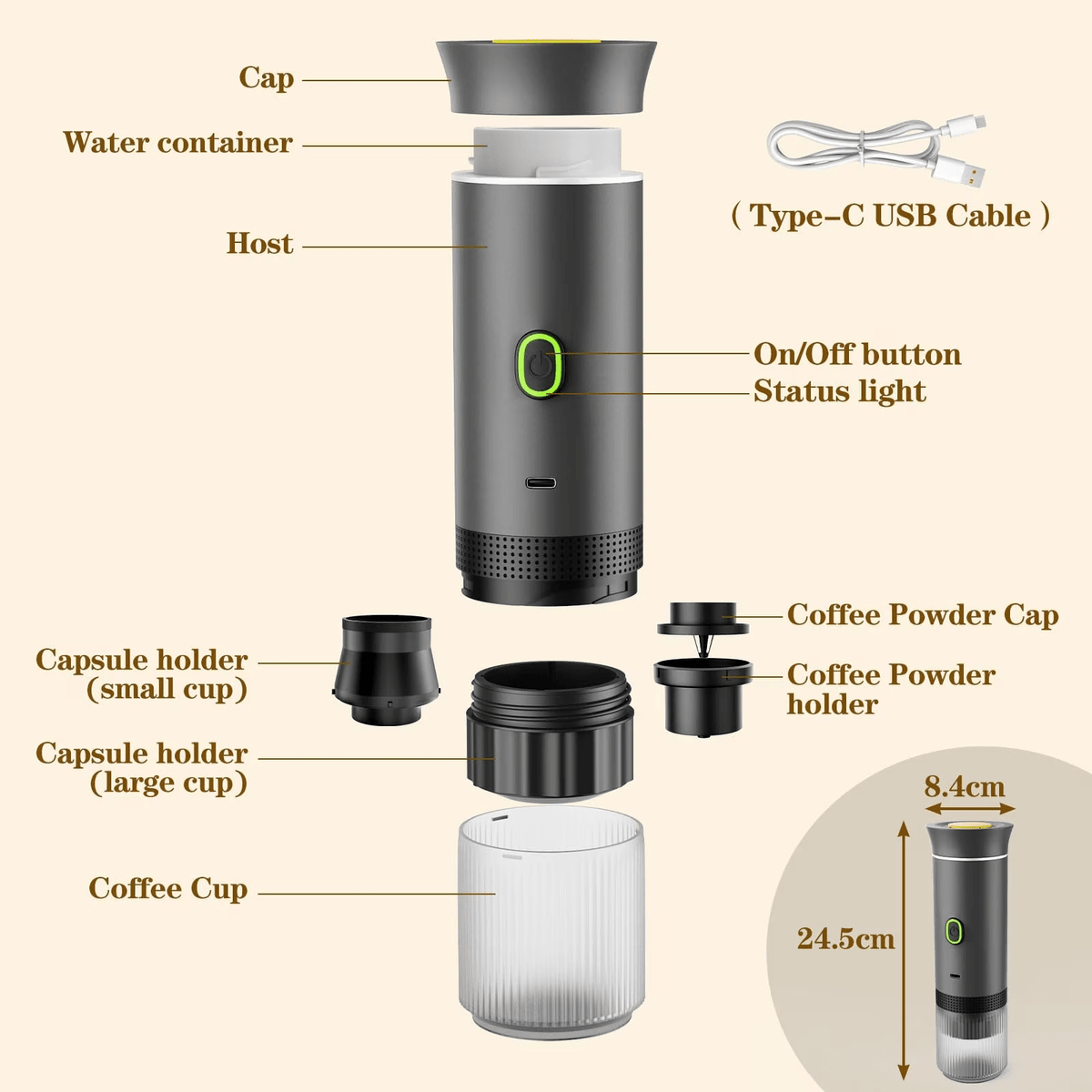 Espressor Portabil 3 in 1 Capsule si Cafea Macinata, USB Reincarcabil, 20BAR, 60ml