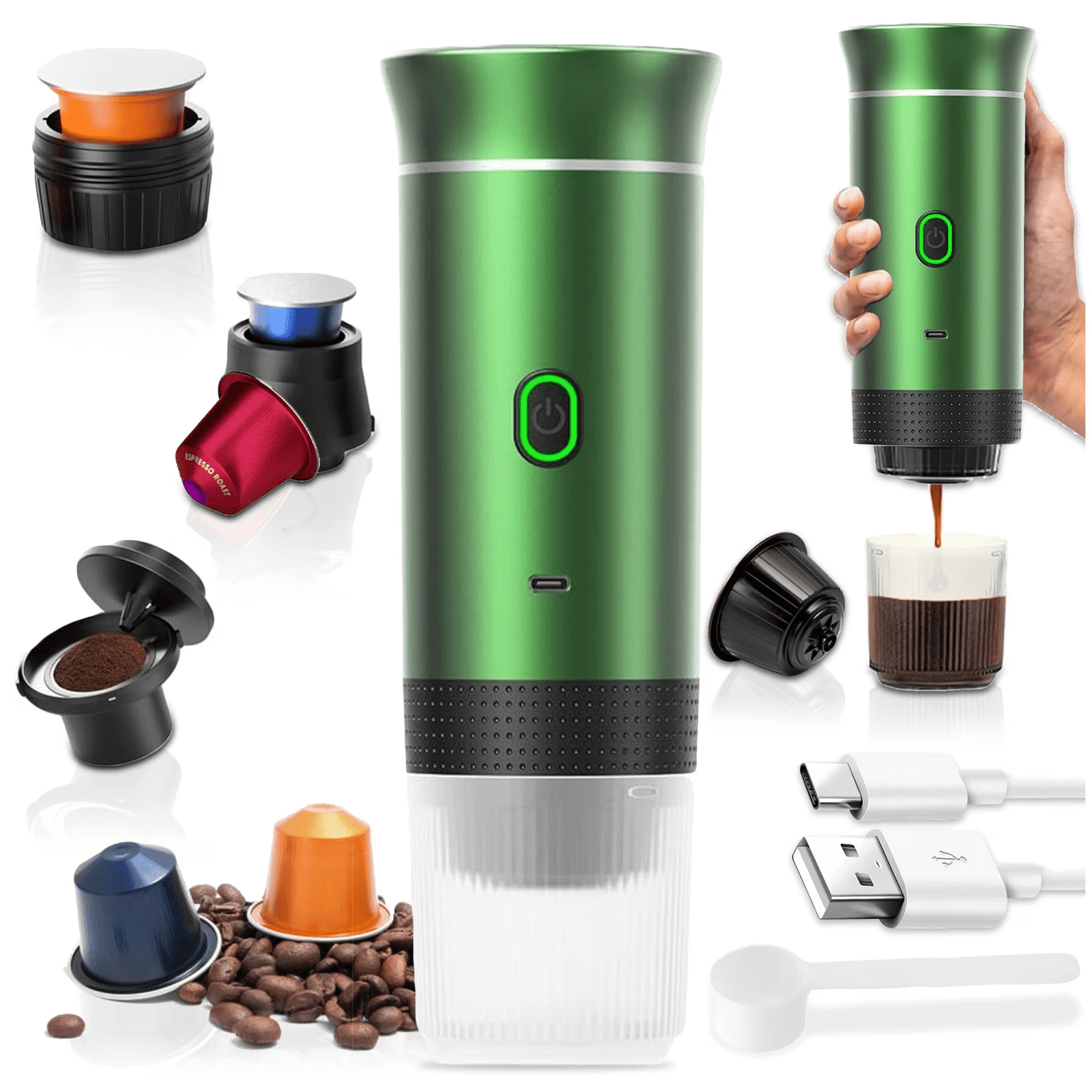 Espressor Portabil 3 in 1 Capsule si Cafea Macinata, USB Reincarcabil, 20BAR, 60ml