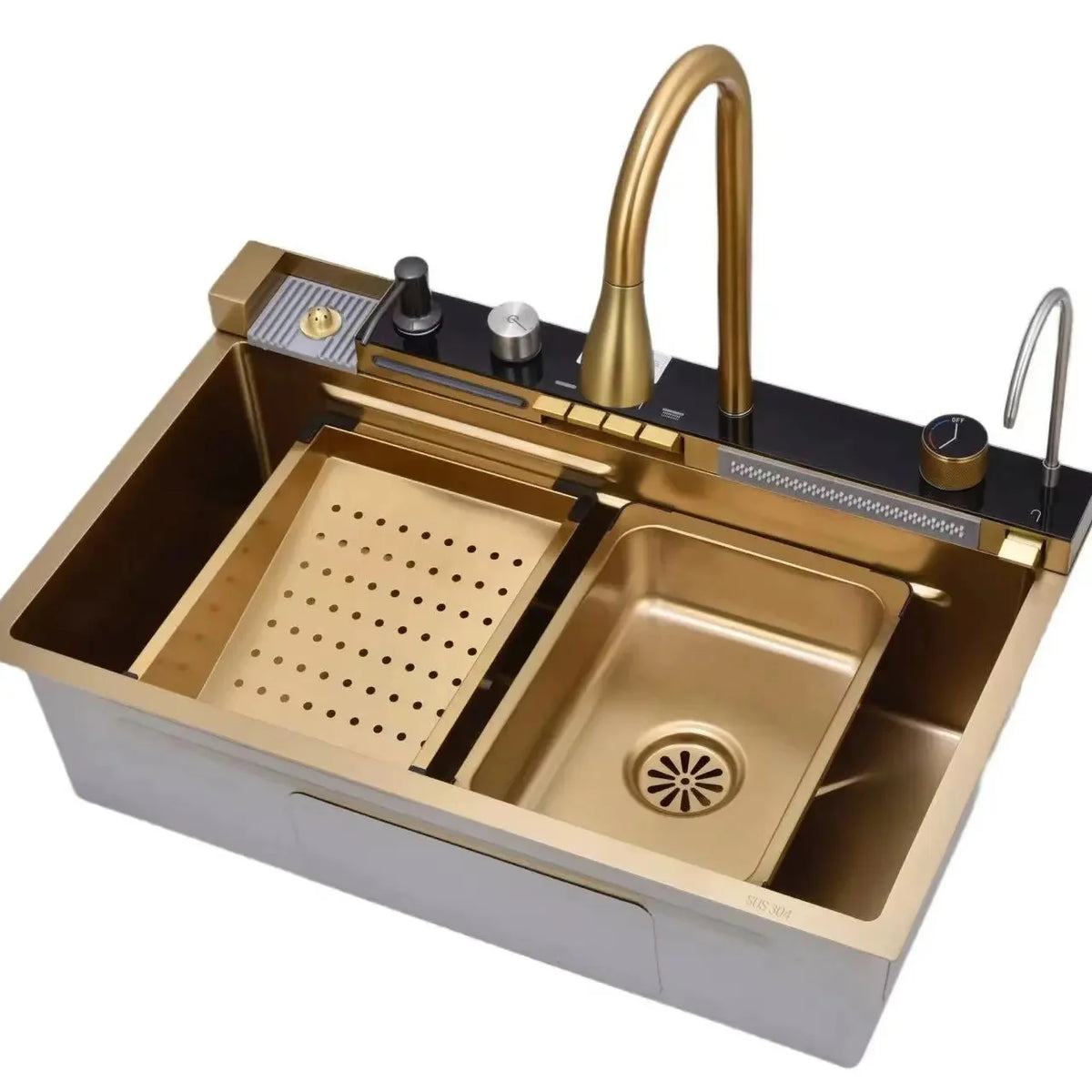 Chiuveta multifunctionala cu 2 cascade cu accesorii incluse, afisaj digital a temperaturii si robinet cascada, culoare Gold, 750x460mm