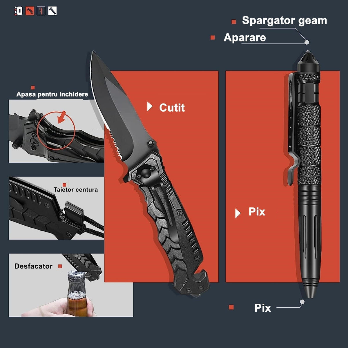 Kit multifunctional, 19 piese, excelent pentru drumetii, vanatoare, pescuit, camping