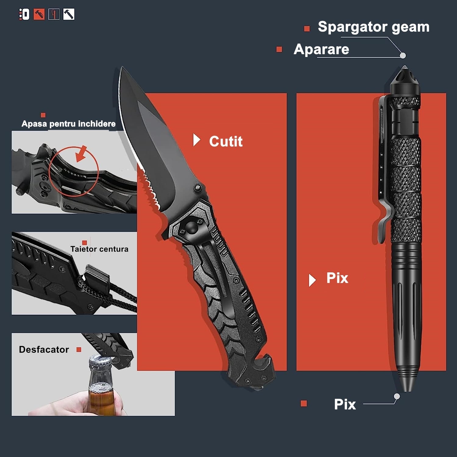 Kit multifunctional, 19 piese, excelent pentru drumetii, vanatoare, pescuit, camping