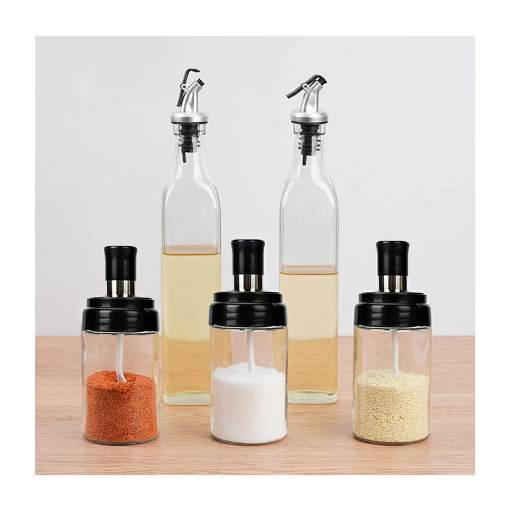 Set elegant pentru ulei, oțet și condimente – 2 sticle din sticlă 500 ml + 3 recipiente cu linguriță 250 ml