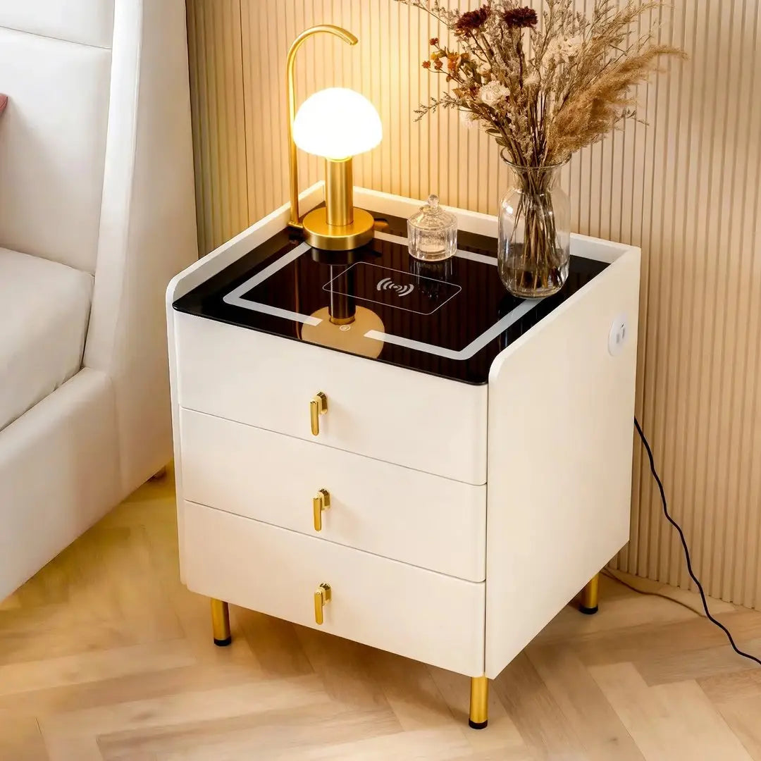 Noptieră Smart cu 3 sertare, încărcare wireless, LED, Bluetooth, USB și Type-C, alba