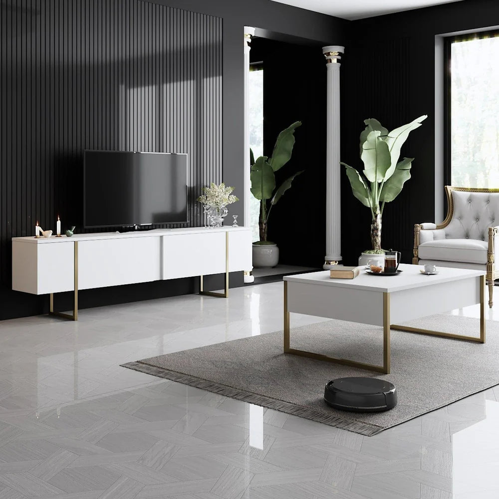 Masuta cafea alba premium cu picioare aurii metalice 90x60 cm design elegant