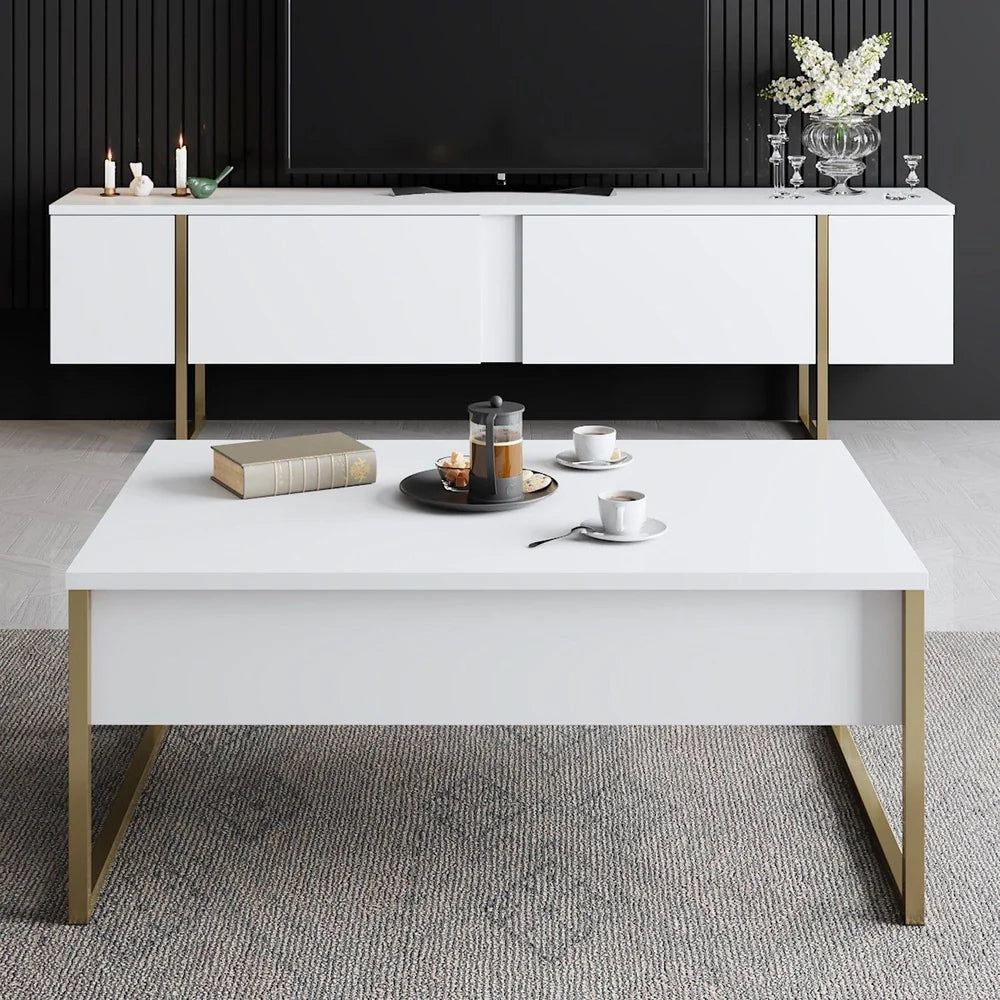 Masuta cafea alba premium cu picioare aurii metalice 90x60 cm design elegant