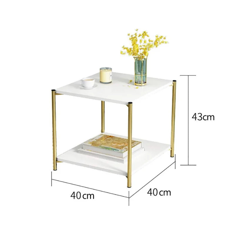 Masuta de cafea moderna cu blat tip marmura si cadru auriu, 2 nivele de depozitare 40x40x43 cm
