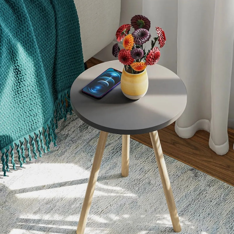 Masuta decorativa rotunda cu picioare din lemn, stil scandinav, 34x34x45 cm