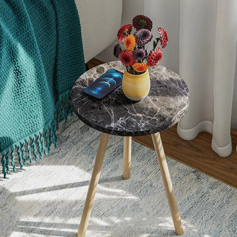 Masuta decorativa rotunda cu picioare din lemn, stil scandinav, 34x34x45 cm