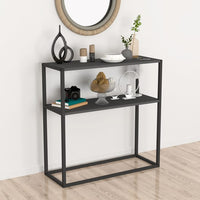 Masă consola decorativa cu 2 rafturi, 90x90x33,5 cm, efect stejar și cadru metalic - imagine 9