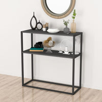 Masă consola decorativa cu 2 rafturi, 90x90x33,5 cm, efect stejar și cadru metalic - imagine 10