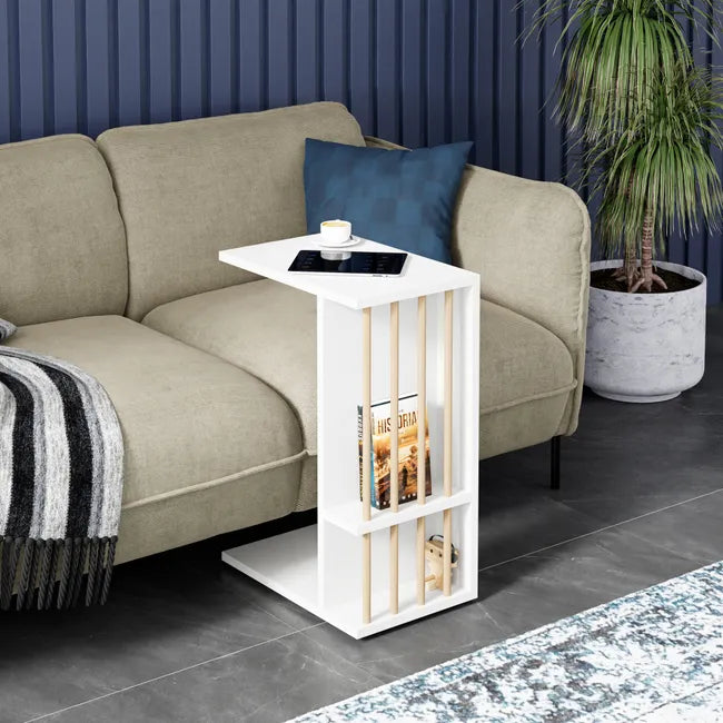 Masuta laterala cu roti, tip C, compacta, stil scandinav, 64 x 44 x 28,7 cm