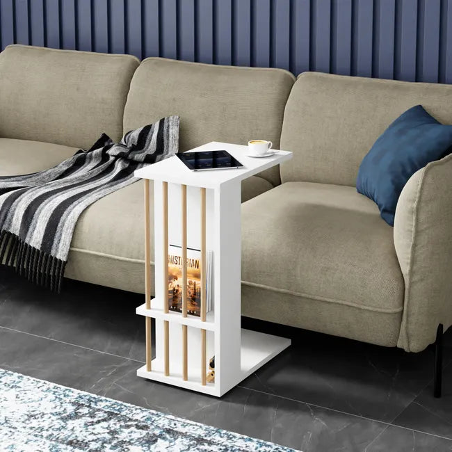 Masuta laterala cu roti, tip C, compacta, stil scandinav, 64 x 44 x 28,7 cm