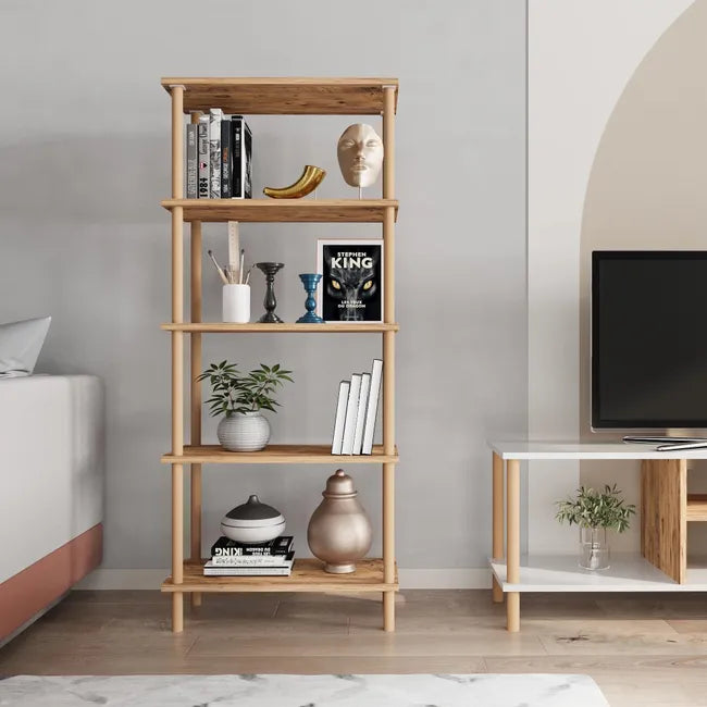 Raft elegant cu 5 polite din bambus, 29x60x137 cm