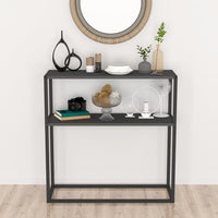 Masă consola decorativa cu 2 rafturi, 90x90x33,5 cm, efect stejar și cadru metalic - imagine 11