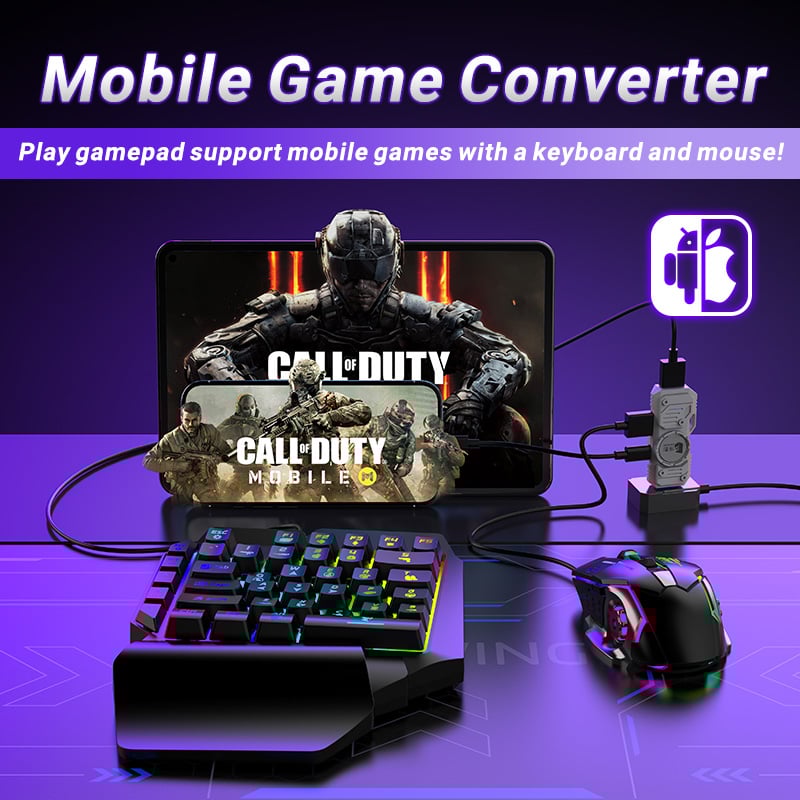 Set Gaming telefon complet 5 in 1 cu tastatura Iluminata RGB, emulator jocuri telefon, mouse gaming, suport telefon Inclus, mouse pad Inclus, Wireless, cu inteligent Spray control, compatibil Android