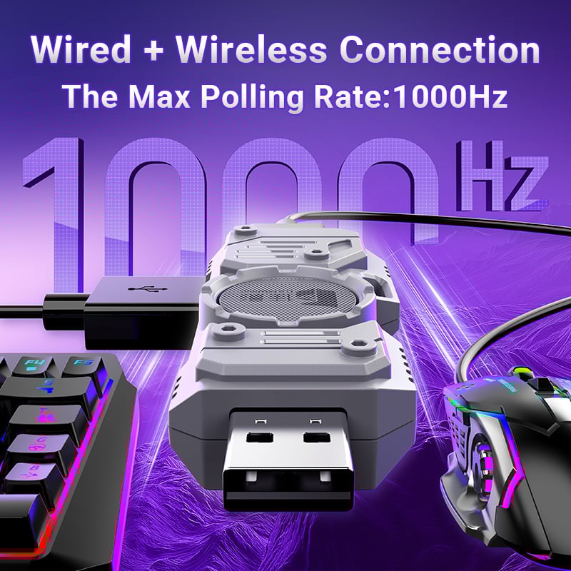 Set Gaming telefon complet 5 in 1 cu tastatura Iluminata RGB, emulator jocuri telefon, mouse gaming, suport telefon Inclus, mouse pad Inclus, Wireless, cu inteligent Spray control, compatibil Android