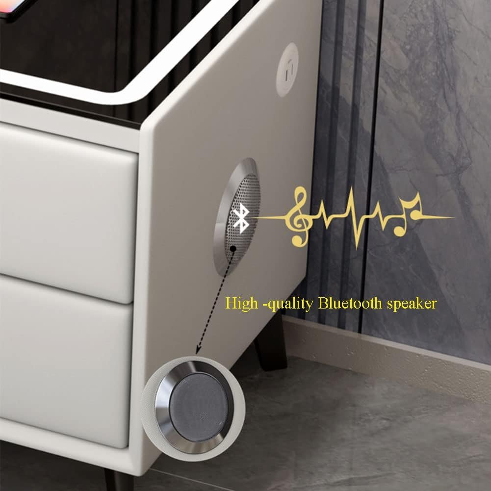 Noptiera Smart Multifunctionala, iluminare LED tactil cu 3 culori, incarcare wireless si USB, difuzor Bluetooth, 2 sertare